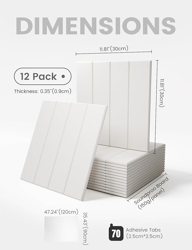 Felt Bulletin Board Tiles Large 48" x 36" Cork Board Alternative-12 Pack with 70 Adhesive Tabs, Thick Slat Wall Panels for Office Decor, Push Pin Board Wall Organizer Alternative-Milky White