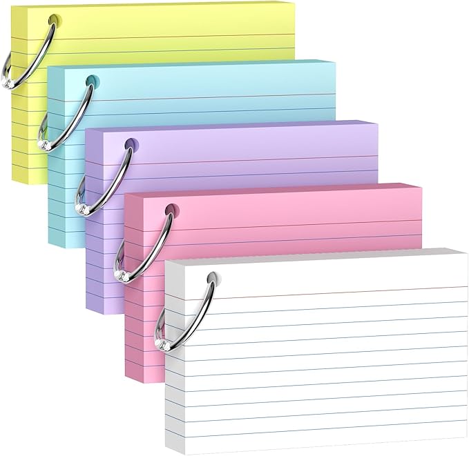 250-Pack Colored Index Cards, 3x5 Inch w/Key Ring – 180gsm Heavyweight Flashcards – 5 Vibrant Colors Flash Cards (White Pink Purple Blue Yellow) – Perfect for Study, Notes & Memory, Students School