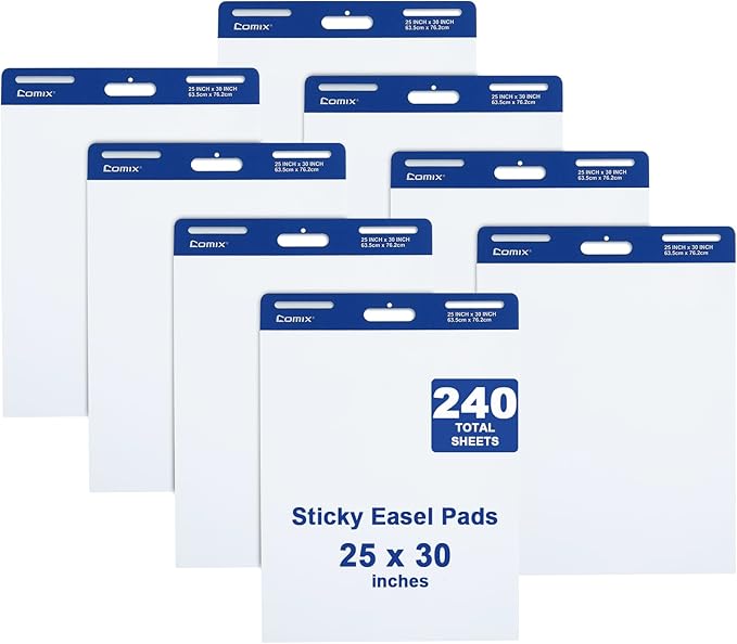 Comix Sticky Easel Pad, 25 x 30 Inches Flip Chart Paper for Teachers, Large Self Stick Easel Paper for Office School Classroom Supplies, 30 Sheets/Pad, 8 Pads/Pack