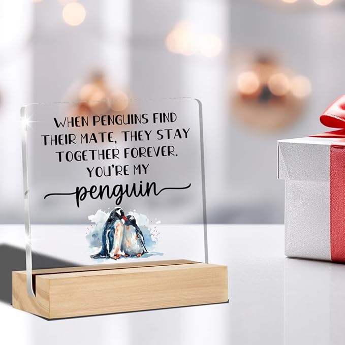 I Love You Gifts for Her Him Cute Penguin Gifts for Girlfriends Boyfriends Anniversary Sign Desk Decorative Signs Plaques 4 x 4 Inches acrylic