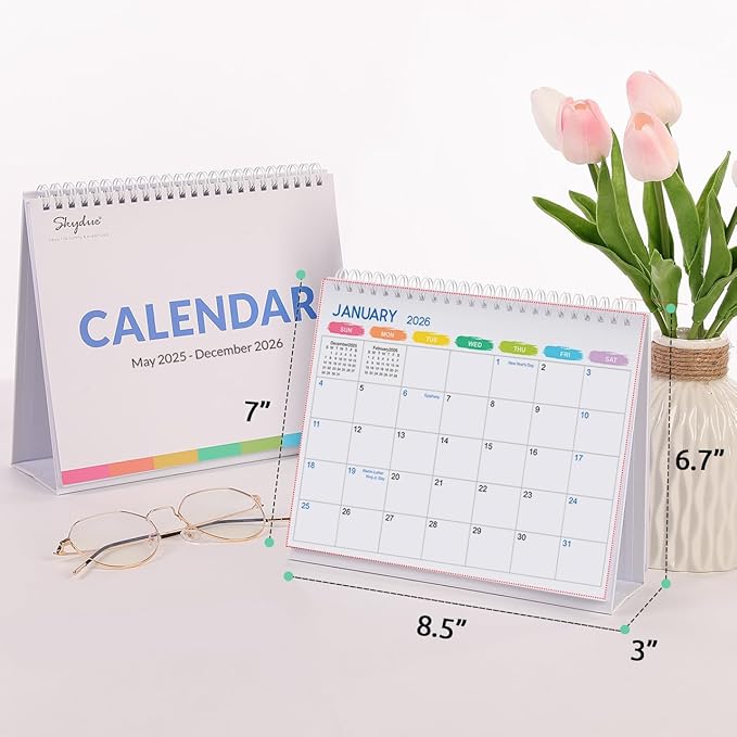 SKYDUE Desk Calendar 2025-2026, May 2025 to Dec 2026, 20 Months Small Desk Calendar with Planner Stickers, 8.5" x 7" Desktop Calendar Planner, Rainbow