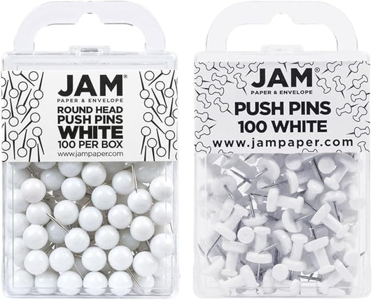 JAM PAPER Colorful Push Pins - Flat & Round Head Thumb Tack Combo Set - White Pushpins - 200/Pack