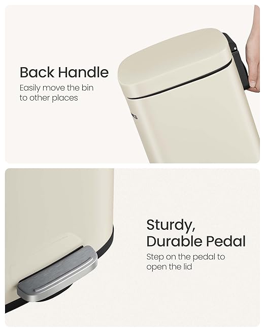 SONGMICS Trash Can with Lid, 8 Gallon Garbage Can, Stainless Steel Small Waste Bin with Step Pedal and Inner Bucket, Soft Close, Kitchen, Sand Beige ULTB003A01