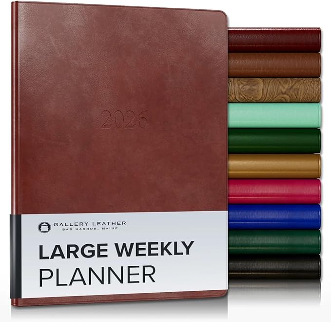 Gallery Leather Large Weekly Monthly Planner 2025-2026, Elegantly Bound Calendar Planner and Notebook with Stylish Gold-Gilded Page Edges, 12 Months - Acadia Tan - 9.75 x 7.5 "