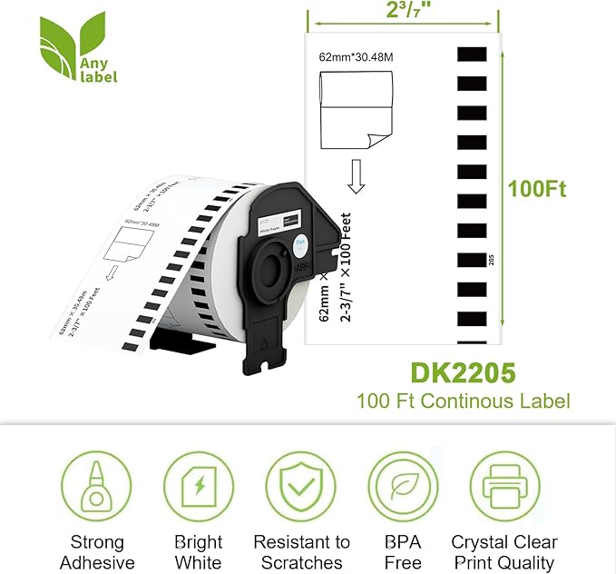Compatible Continuous Labels Replacement for DK-2205 (2.4 in x 100 ft), Use with Brother QL Label Printers (12 Rolls + 1 Frame, 30.48m Length Labels/Roll)
