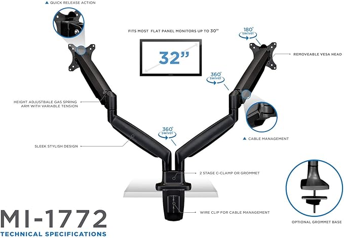 Mount-It! Dual Monitor Arm Mount | Desk Stand | Two Articulating Gas Spring Height Adjustable Arms | Fits 2 x 24 27 29 30 32 Inch VESA 75 100 Compatible Screens | C-Clamp and Grommet Bases (Black)