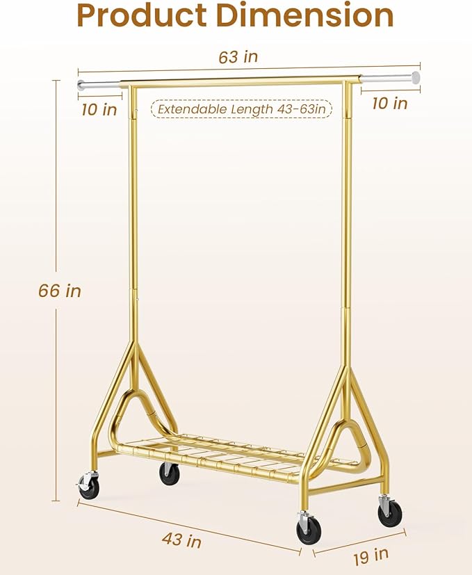 Heavy Duty Clothes Rack, Metal Clothing Rack Load 450 LBS, Rolling Coat Racks for Hanging Clothes with Lockable Wheels, Wardrobe Closet Garment Racks for Bedroom, Gold