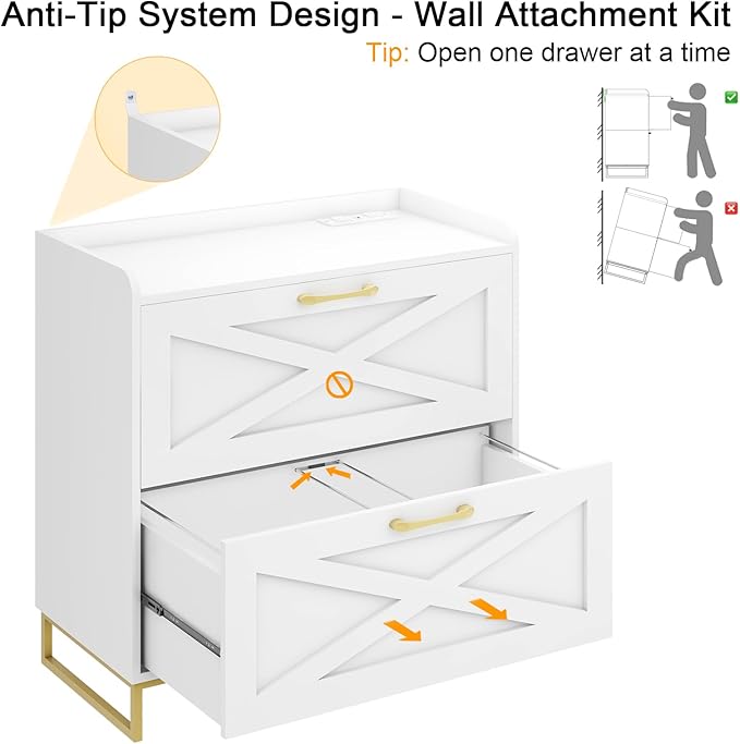 File Cabinet 2 Drawers Lateral File Cabinet with Charging Station for Letter/Legal/A4 Size Hanging Files, Large Wood File Storage Cabinets Printer Stand for Home Office, White and Gold