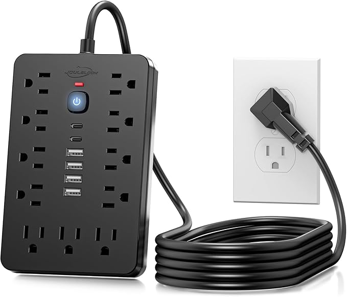 15 FT Flat Plug Surge Protector Power Strip,11 Multiple AC Outlets with 6 USB Ports (2 USB C), 15 Feet Extension Cord, 1250W/10A, One Touch Switch Button, 17 in 1 Compact powerstrip