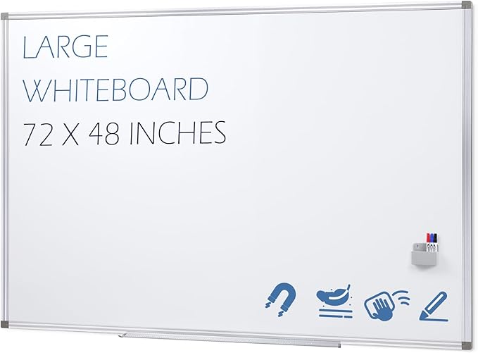SWANCROWN 72" x 48" Dry Erase Board, Magnetic White Board for Wall, Large Marker Whiteboard with a Long Pen Tray for Class and Office
