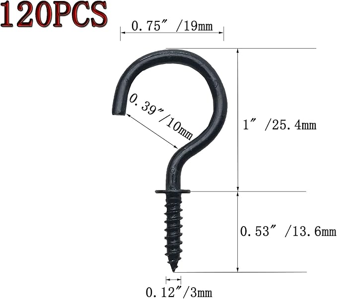 120 Pcs 1 Inch Screw-in Hooks Nickel Plated Metal Cup Hooks, Ceiling Hooks Black