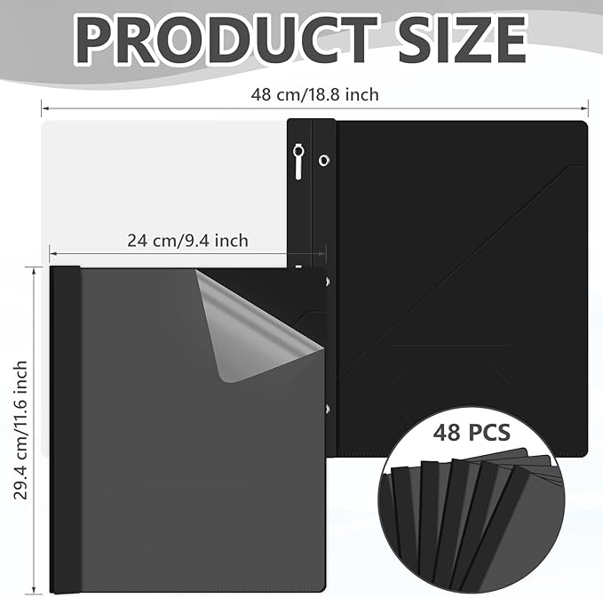 Patelai 48 Pcs Plastic Folders with 2 Pockets and 3 Prongs Home Folders with Card Slot Letter Size Heavy Duty Report Covers for Back to School(Black,Simple Style)