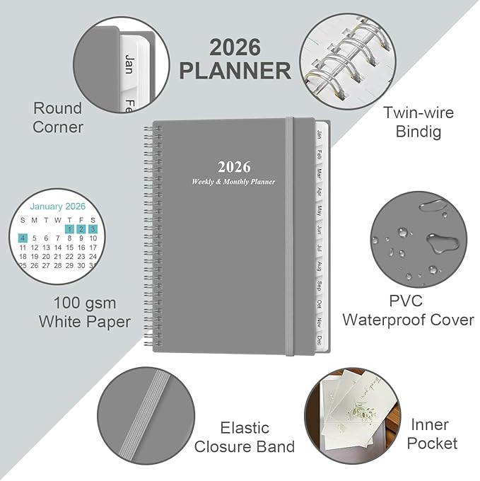 2026 Planner - Planner 2026 from January 2026 to December 2026 with 12 Monthly Tabs, Flexible Cover, Inner Pocket, 8.5" x 11", Grey-B