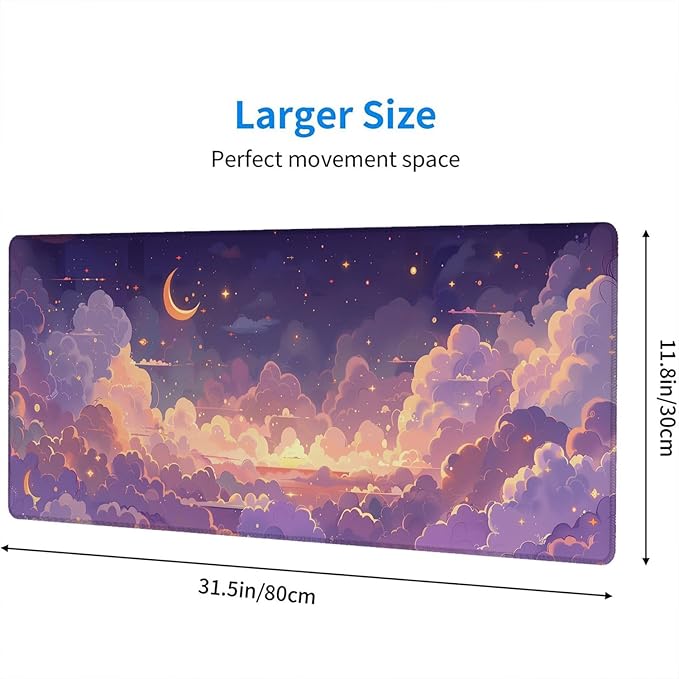 Cute Gaming Mouse Pad Desk Pad Kawaii Pink Purple Gold Clouds Mousepad XL Large Gaming Mouse Pad Laptop Keyboard Mat Desk Pad Office Home Decor for Women Girl 31.5"x11.8"