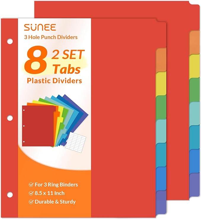 SUNEE 8 Tab Binder Dividers,Plastic Dividers for 3 Ring Binder,3 Ring Binder Dividers with Tabs for School Office Home Supplies,Bright Color, 2 Set