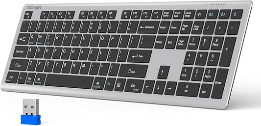 TECKNET Bluetooth Keyboard Rechargeable, 4-Device (2.4G+BT) Wireless Keyboard, Full Size Computer Keyboard with Stand, Ultra-Slim Quiet Typing, for PC/Laptop/Smart TV/Phone/Tablet, 12 Hotkeys