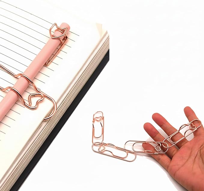 12-Pack Pen Holder Clips for Notebook, Cute Heart Paper Clips,Rose Gold Office Supplies(12 Rose Gold)