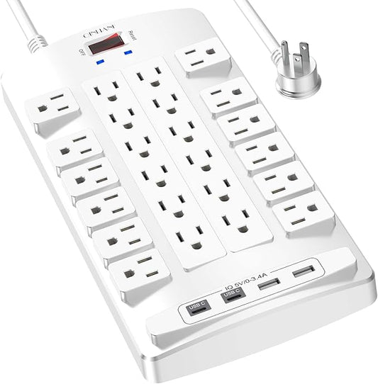 QINLIANF Surge Protector Power Strip - 6Ft Flat Plug Heavy Duty Extension Cord with 24 Outlets and 4 USB Ports(2 USB-C Ports), 1875W/15A, 4100J, for Home, Office, Dorm, ETL Listed, White