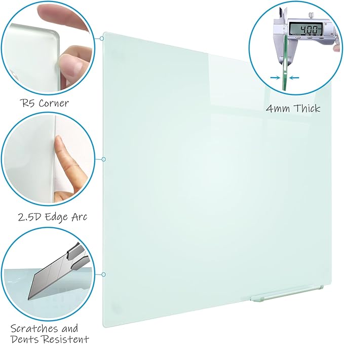 Glass Magnetic Dry-Erase Board - 48 x 36 Inches Hanging Glass Whiteboard for Wall, Large Frameless Magnetic White Board for Office, Home & School