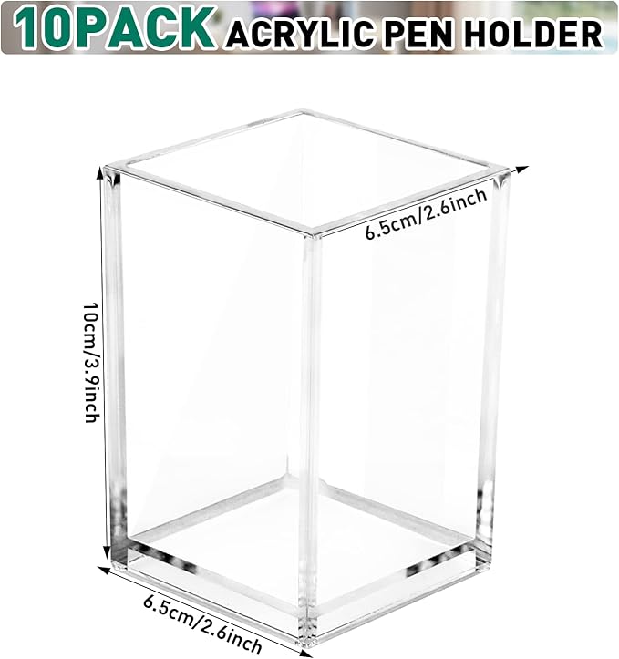 10 Pack Clear Acrylic Pen Holder Makeup Brush Holder Desktop Pencil Organizer Acrylic Pencil Cup Stationery Organizer Accessory for School Makeup Desk Office Pen Organizer