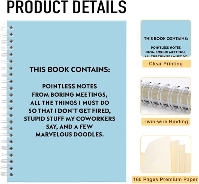 Pointless Notes from Boring Meetings Funny Blue Golden Spiral Notebook, Humorous Office Gifts, Gag Gifts for Coworkers, Funny Office Sarcastic Gifts for Coworkers,Team Members, Employees
