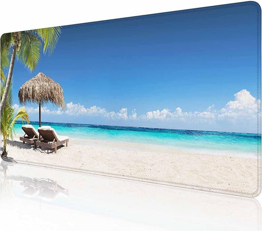 Gaming Mouse Pad, XXL Extended Computer Keyboard Long Mouse Mat, Large Desk Pad for Office Laptop, Non-Slip Rubber Base with Stitched Edge Mousepad, 31.5X11.8 inch Tropical Palm Sea and Beach