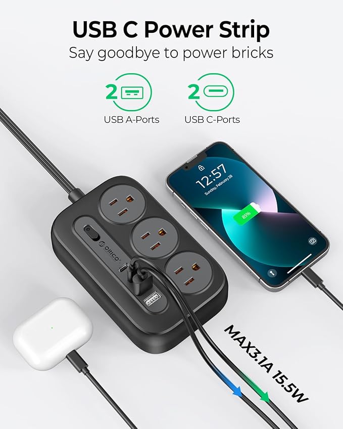ORICO Surge Protector Power Strip, Multiple Outlets Extension Cord with 6 AC Outlets 2 USB-A and 2 USB-C Ports, 10 ft Long Flat Plug Power Strip, Mountable Outlet Extender for Dorm/Office/Home- OG