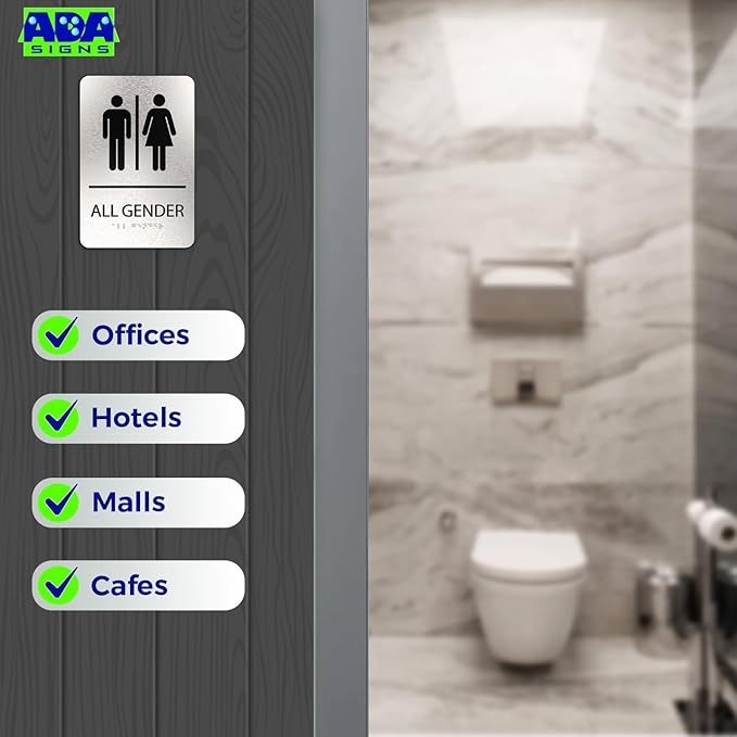 ADASigns All Gender Restroom Sign – 6" x 9" Durable Brushed Aluminum with Braille – Easy Installation with Strong Adhesive Tape – Weatherproof Men & Women ADA Bathroom Sign for Home, Office & Business