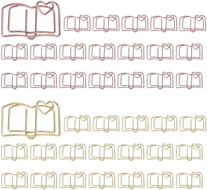 OWLFAVO 40pcs Book Shape Paper Clips with Clear Box, Rose Gold and Yellow Gold, Funny Cute Paperclips Bookmarks Planner Clips for Fun Office Supplies School Gifts Wedding Decoration