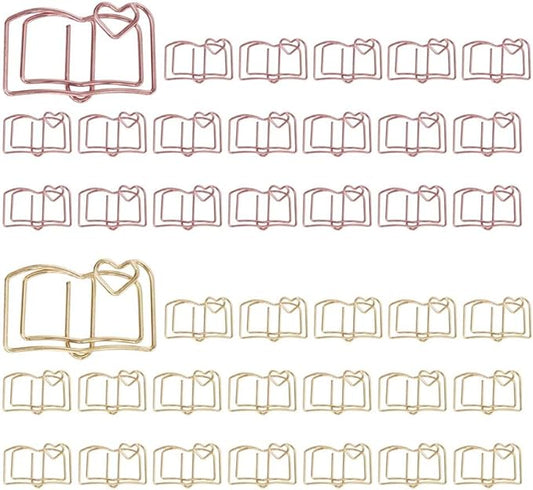 OWLFAVO 40pcs Book Shape Paper Clips with Clear Box, Rose Gold and Yellow Gold, Funny Cute Paperclips Bookmarks Planner Clips for Fun Office Supplies School Gifts Wedding Decoration