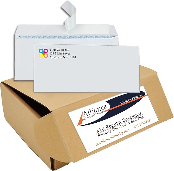 2500#10 Commercial Custom Printed Envelopes, White, Regular, Self Seal, Security Tinted, Text and Logo Customization, Size 4-1/8 x 9-1/2 Inches, 24 LB