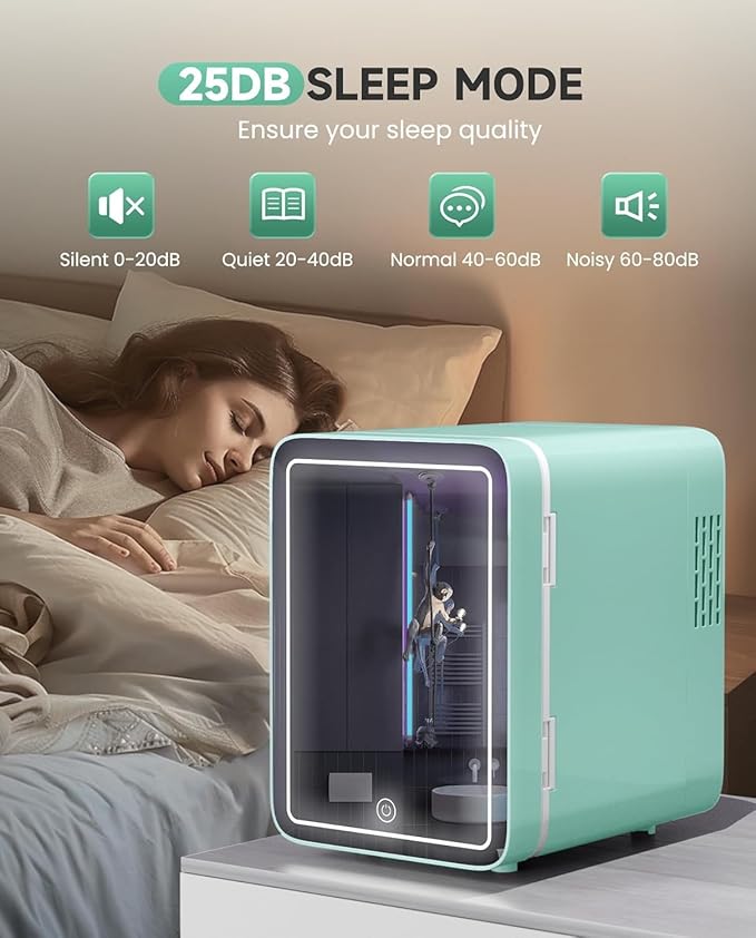 Skincare Fridge With Dimmable LED Light Mirror, 4L Mini Fridge For Desktop, Travel or Cool & Heat, Makeup Fridge for Cosmetics, Skin Care and Food, Green