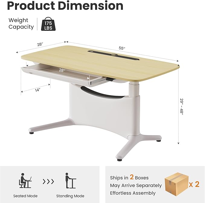 COLAMY Electric Adjustable Standing Desk – 48 x 28 Inch Sit Stand Desk with Drawer & Cable Management, Dual Motor Lift System, Ergonomic Footrest, Home Office Table (MFC Desktop, Light Maple + White)