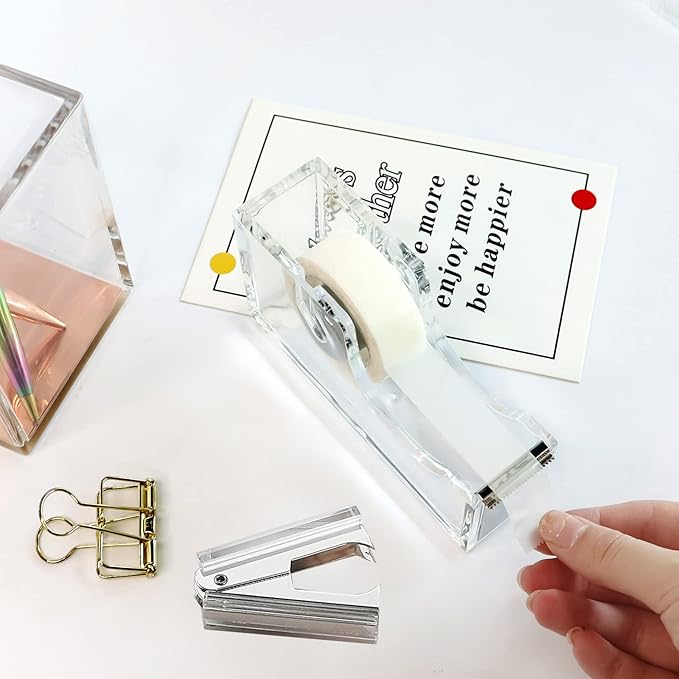 Acrylic Silver Tape Dispenser Desktop Stapler, Acrylic Office Supplies Includes Staple Remover, Tape, 1000pcs Staples Desk Accessory Kit, Cute Office Stapler Set for Modern Design Office Desktop