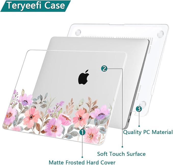 Teryeefi Design Case for MacBook Pro 13 inch M2 M1 A2338 A2251 A2289 A2159 A1989 A1706 (2016-2022,2024 Released), Shockproof Hard Shell for 13 inch MacBook Pro - Pink Flower Garden-A