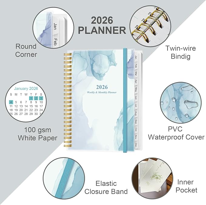 2026 Planner - Planner 2026 from January 2026 - December 2026, Weekly & Monthly Planner Spiral Bound with 12 Monthly Tabs, Inner Pocket, 6.4" x 8.5", Blue Watercolor