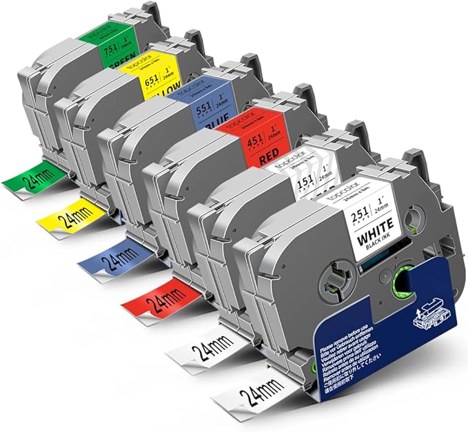 6-Pack 24mm 0.94" Laminated Tape Compatible for Brother 24mm Label Tape Tze-151 251 451 551 651 751 P Touch Tze Tz 1 Inch Multi-Color Label for PTD610BT PTD600 PTP710BT PTP750W PTP910BT