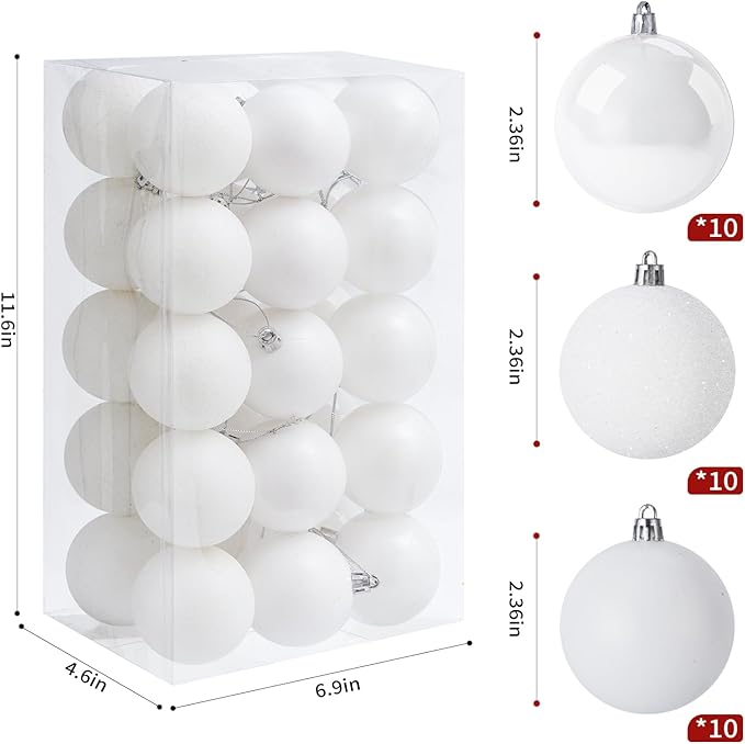 30ct Christmas Ball Ornaments, 2.36" Shatterproof Christmas Tree Decorations, Perfect Hanging Ball for Indoor/Outdoor Holiday Party Decor (White)