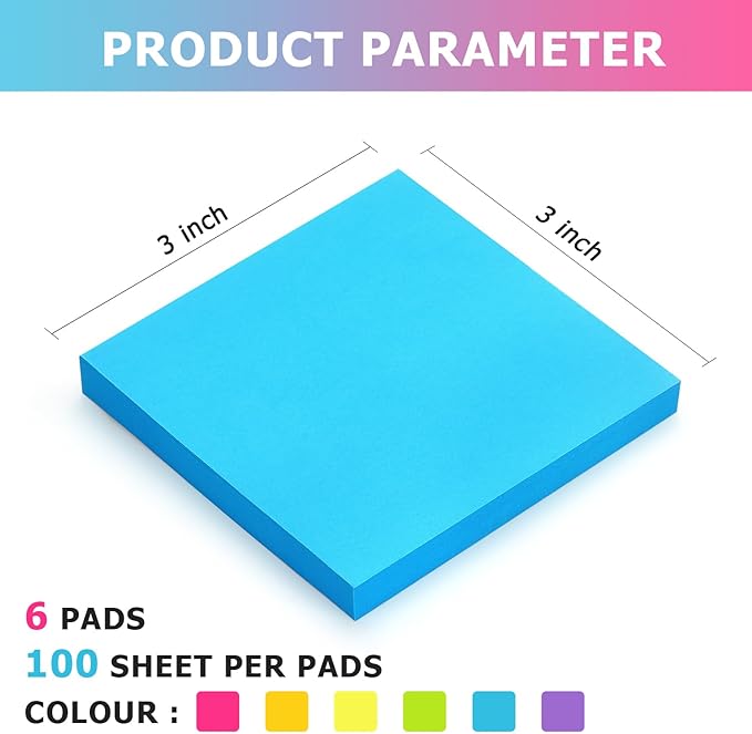 Sticky Notes 3x3 Pop Up Self-Stick Notes Pads with 6 Bright Colors, Easy to Post for Office, School, Home, 6 Pads/Pack, 100 Sheets/Pad(Pop Up)