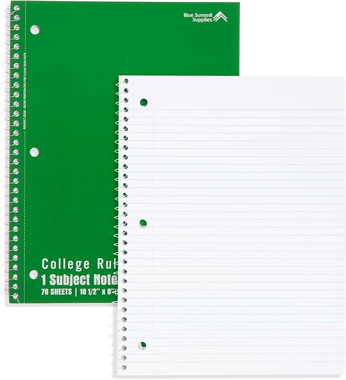 Blue Summit Spiral Notebooks Bulk, One Subject Spiral Notebook College Ruled, Perforated Notebook, 8 x 10.5 for Work and School, Paper, College Ruled, Bulk 12 Pack