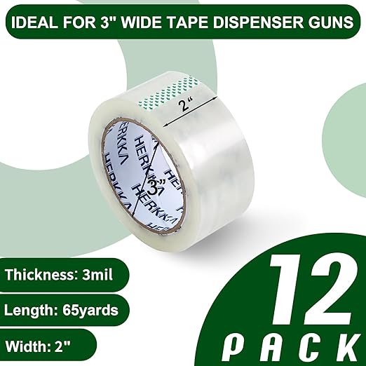 HERKKA Clear Packing Tape, 12 Rolls Heavy Duty Packaging Tape for Shipping Packaging Moving Sealing, 3Mil Thick Clear Packing Tape, 2 inches Wide, 65 Yards Per Roll, 780 Total Yards