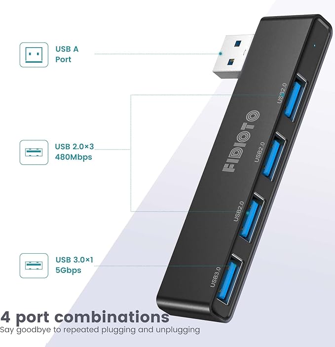 USB Hub, Fidioto 4 Port USB Adapter(1 * 3.0 Hub, 3 * 2.0 Hub), Networking Hub for Laptop, iMac Pro, MacBook Air, Mac Mini/Pro, Surface Pro, Notebook PC, USB Flash Drives and Mobile HDD Etc.