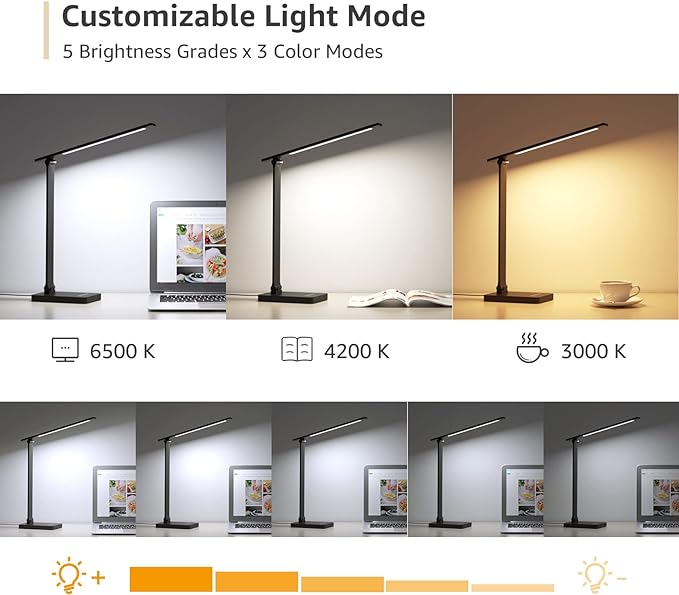 Lepro LED Desk Lamp with USB Charging Port Dimmable Home Office Touch Control Reading Table Lamp,3 Color Modes with 5 Brightness Level,College Dorm Room Essentials, Eye Caring, Sewing, Crafting, Black