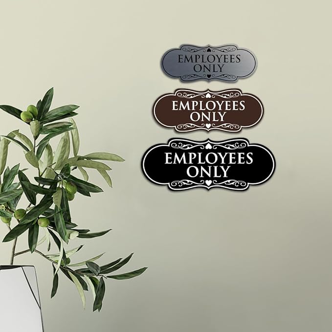 Designer EMPLOYEES ONLY Sign | Easy Installation | Office or Business Signs | Workplace Safety - Silver - Large (10 Pack)
