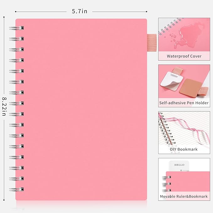 AHGXG Spiral Notebook - A5 Notebook College Ruled, Small 5.7" X 8.22", 300 Pages/150 Sheets Thick Notebook Journal, 100GSM Lined Paper, Plastic Hardcover, for Work Office School Writing Notes, Pink