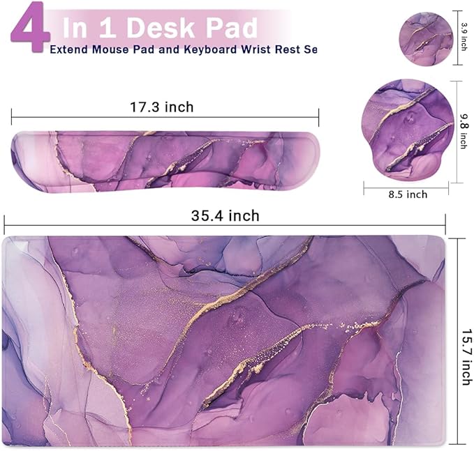 4-in-1 Gaming Mouse Pad Wrist Support Set，Desk Pad + Mouse Pad with Wrist Rest + Keyboard Wrist Rest + Coaster, Ergonomic Design for Home Office Study Game - Purple