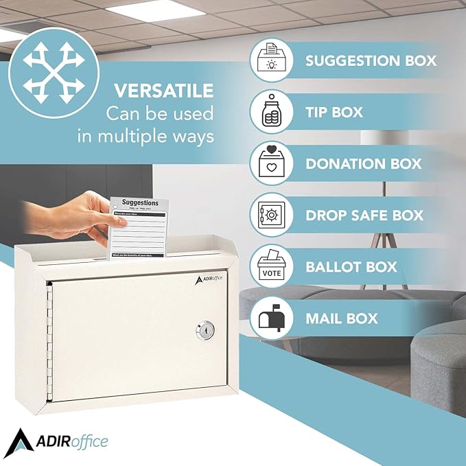 Adir Suggestion Box with Slot and Lock - Money Drop Box with Lock, Cash Dropbox - 9.8x7.5x3.4 Inches Wall Mount Donation Box - Metal Deposit Box in White