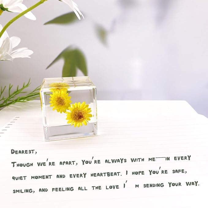 Real Flower Desk Accessory Mini Resin Cube – Flower in Resin with 3D Preserved Yellow Chrysanthemum Daisy, Desk Decor for Women, Small 1.58'' (2.9 oz), Lightweight Paperweight Option