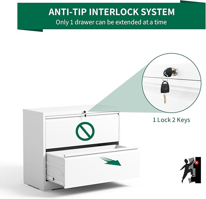 2 Drawer Lateral File Cabinet with Lock, Metal Filing Cabinets for Home Office, Steel Storage Wide File Cabinet for Letter/Legal/F4/A4 Size with Hanging Bars, Assembly Required (White)