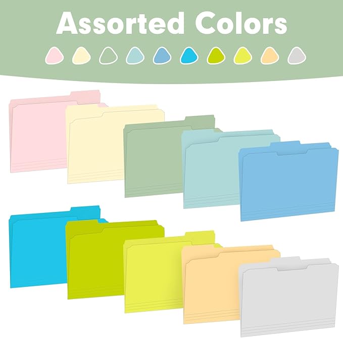 File Folder, RAZCC 150 Pack Colored File Folders, 1/3 Cut Tab File Folder Letter Size, Filing Folders with Tabs for Office School Business Use, Assorted 10 Colors